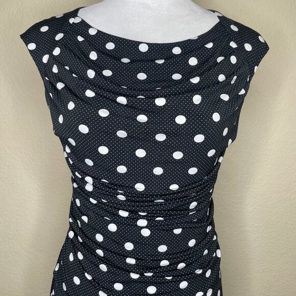 Dress Barn Vintage Black White Polka Dot Ruched Waist Cap Sleeve Midi Dress Sz 4 - Picture 2 of 13